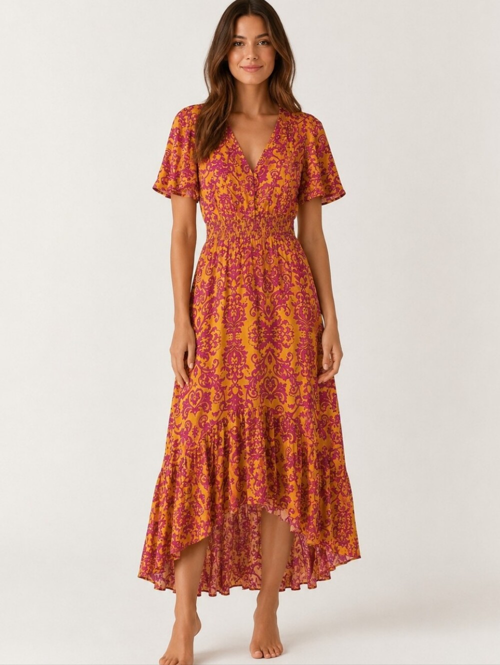 Women's Mustard and Magenta Printed Maxi Dress